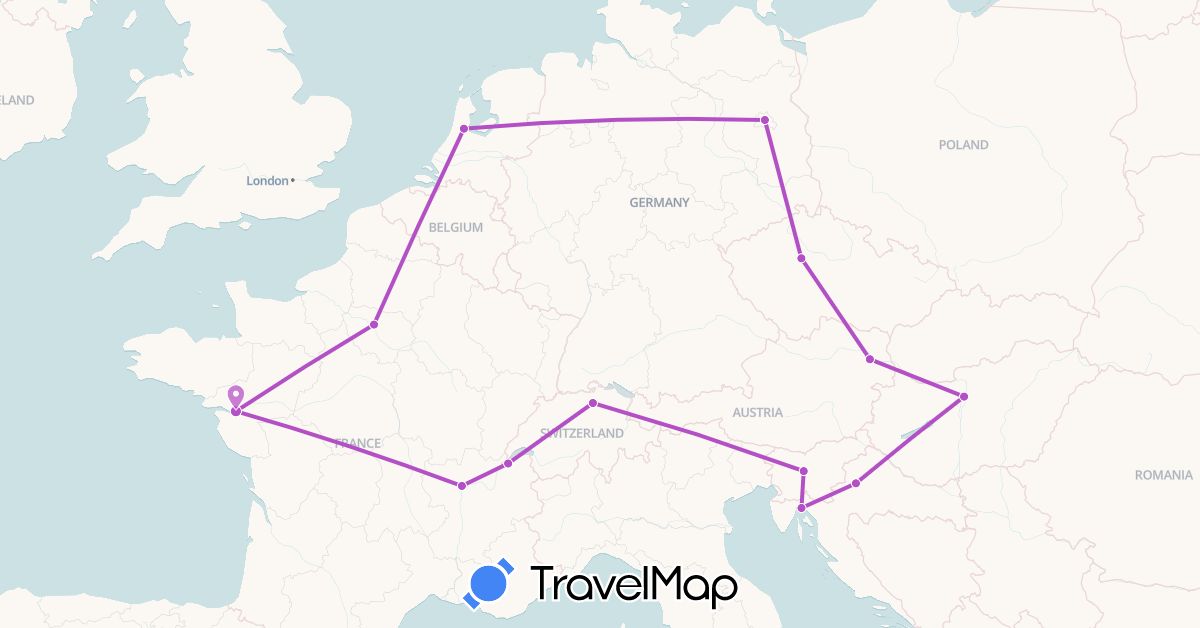 TravelMap itinerary: driving, train in Austria, Switzerland, Czech Republic, Germany, France, Croatia, Hungary, Netherlands, Slovenia (Europe)